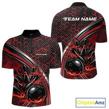 Load image into Gallery viewer, Front and back view of a mens bowling quarter zip shirt mockup in black and red, featuring honeycomb pattern with a flaming bowling ball striking pins.