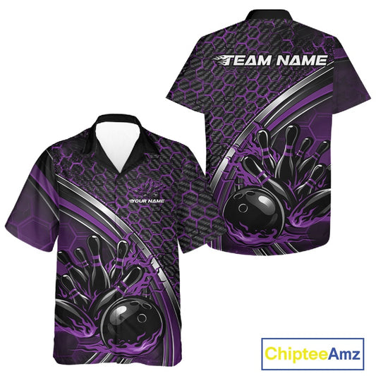 Front and back view of a button-up bowling shirt mockup in black and purple, featuring a honeycomb pattern with a flaming bowling ball and pins design.