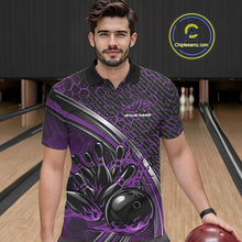 Load image into Gallery viewer, Male model in a bowling lane wearing a black and purple polo shirt with honeycomb design and a flaming bowling strike illustration.