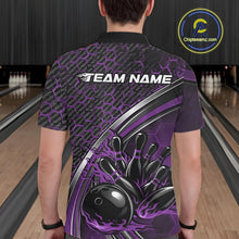 Load image into Gallery viewer, Back view of a male model in a bowling venue wearing a black and purple polo shirt, showcasing honeycomb texture with a dynamic flame bowling action graphic.