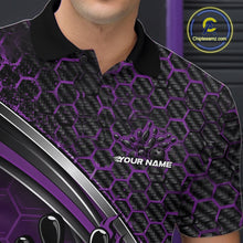 Load image into Gallery viewer, Close-up of the left chest area of a black and purple bowling polo shirt, featuring honeycomb pattern and a flaming bowling strike design.