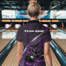 Load image into Gallery viewer, Back view of a female model in a bowling lane wearing a black and purple polo shirt, showcasing honeycomb texture and a flaming bowling strike design.
