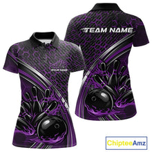 Load image into Gallery viewer, Front and back view of a womens bowling polo shirt mockup in black and purple, featuring honeycomb pattern with a flaming bowling ball striking pins.