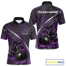 Load image into Gallery viewer, Front and back view of a mens bowling polo shirt mockup in black and purple, featuring honeycomb pattern with a flaming bowling ball and pins.