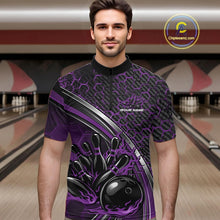 Load image into Gallery viewer, Male model in a bowling lane wearing a black and purple quarter zip shirt with honeycomb accents and a fiery bowling strike illustration.