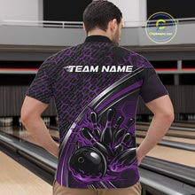 Load image into Gallery viewer, Male model in a bowling alley wearing a black and purple quarter zip shirt, showcasing honeycomb texture and a flaming bowling ball crashing into pins.