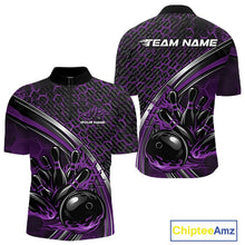 Load image into Gallery viewer, Front and back view of a mens bowling quarter zip shirt mockup in black and purple, featuring honeycomb pattern with a flaming bowling ball hitting pins.