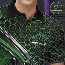 Load image into Gallery viewer, Close-up of the left chest area of a black and green bowling polo shirt, featuring honeycomb pattern with a flaming bowling ball hitting pins.