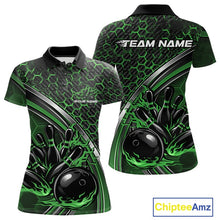 Load image into Gallery viewer, Front and back view of a womens bowling polo shirt mockup in black and green, featuring a honeycomb pattern with a flaming bowling ball and pins.
