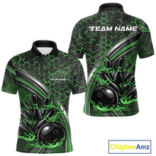 Load image into Gallery viewer, Front and back view of a mens bowling polo shirt mockup in black and green, featuring honeycomb pattern with a flaming bowling ball and pins.