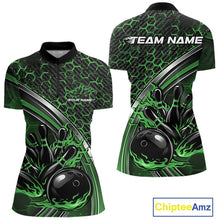Load image into Gallery viewer, Custom Green Flame Bowling Women Quarter-Zip Team Shirt, Hexagon Pattern Bowling Jerseys IPHW11312