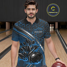 Load image into Gallery viewer, Male model in a bowling lane wearing a black and blue polo shirt with honeycomb texture and a dynamic flaming bowling strike graphic.