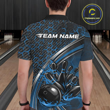 Load image into Gallery viewer, Back view of a male model in a bowling alley wearing a black and blue polo shirt, showcasing honeycomb pattern and flame bowling action artwork.