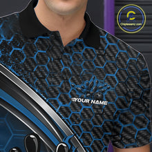 Load image into Gallery viewer, Close-up of the left chest area of a black and blue bowling polo shirt, featuring honeycomb design with a flaming bowling ball hitting pins.