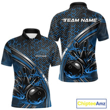 Load image into Gallery viewer, Front and back view of a mens bowling polo shirt mockup in black and blue, featuring honeycomb pattern with a flaming bowling ball striking pins.