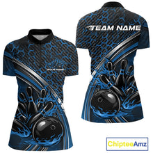 Load image into Gallery viewer, Front and back view of a women s bowling quarter zip mockup featuring a honeycomb pattern with flaming bowling ball and pins graphics in black and blue.