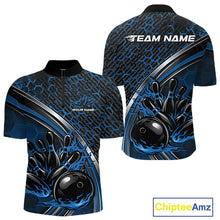 Load image into Gallery viewer, Front and back view of a mens bowling quarter zip shirt mockup in black and blue, featuring a honeycomb pattern with a flaming bowling ball striking pins.