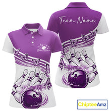 Load image into Gallery viewer, Womens white and purple bowling polo mockup shown front and back with butterfly graphics and colorful bowling artwork