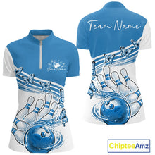 Load image into Gallery viewer, Front and back mockup of a womens white and blue bowling quarter zip showcasing butterfly graphics and bowling-themed artwork