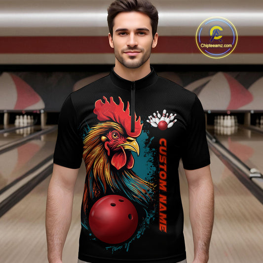 Custom Chicken Bowling Shirts For Men Bowling Quarter Zip Shirts Team Bowling League Jersey IPHW5290