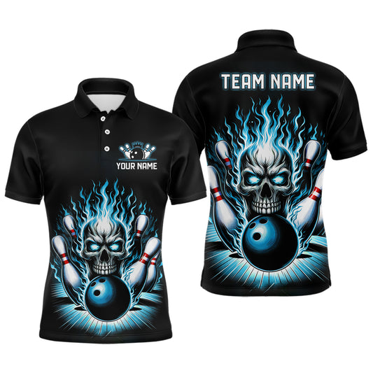 Personalized Unisex Skull Bowling Shirt Custom Team'S Name Flame Bowler Jerseys | Teal Blue IPHW6512
