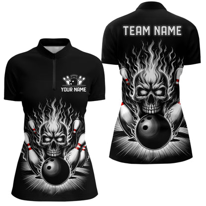 Personalized Ladies Skull Bowling Shirt Custom Name Flame Bowler Jerseys | Black And White IPHW6514