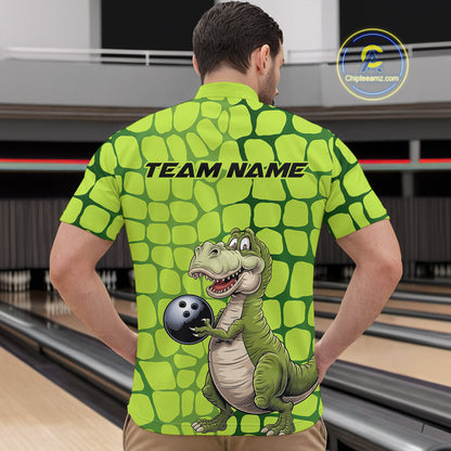 Custom Funny Green Dinosaur Bowling Team Men Quarter-Zip Shirt, Bowling Tournament Team Shirt IPHW9930
