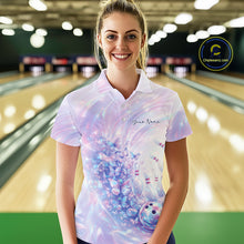 Load image into Gallery viewer, Front view of a female model in a bowling polo featuring pastel purple and pink holographic butterfly graphics and bowling accents