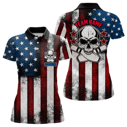 American Flag Skull Custom Team Bowling Shirts For Women, Patriotic Bowling Jerseys IPHW5157