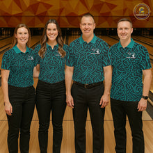 Load image into Gallery viewer, Custom Blue Tribal Shark Bowling Team Men Polo Shirt, Shark Bowling Tournament Shirt IPHW10177