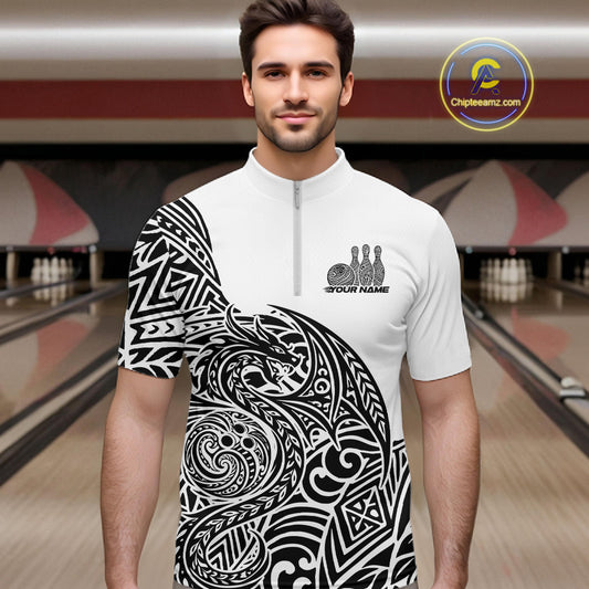 Custom Black And White Tribal Dragon Men Bowling Quarter-Zip Shirt, Polynesian Bowling Shirt IPHW10340