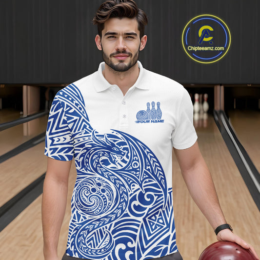 Custom Blue And White Tribal Dragon Men Bowling Polo Shirt, Polynesian Bowling Shirt IPHW10342
