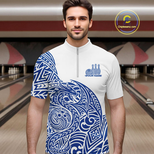 Custom Blue And White Tribal Dragon Men Bowling Quarter-Zip Shirt, Polynesian Bowling Shirt IPHW10342