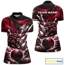 Load image into Gallery viewer, Custom Red Flame Bowling Ball Lion Bowling Jerseys, Lion Women Quarter-Zip Bowling Shirt IPHW10351