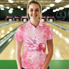 Load image into Gallery viewer, Female model in bowling lane wearing polo shirt with flaming bowling ball striking pins yellow flame sports design