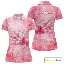 Load image into Gallery viewer, Front and back view of a women’s polo shirt featuring flaming bowling ball crashing into pins yellow fire theme artwork