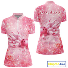 Load image into Gallery viewer, Front and back view of a women’s bowling quarter zip shirt featuring a pink bowling strike design with butterflies and sparkling diamond details.
