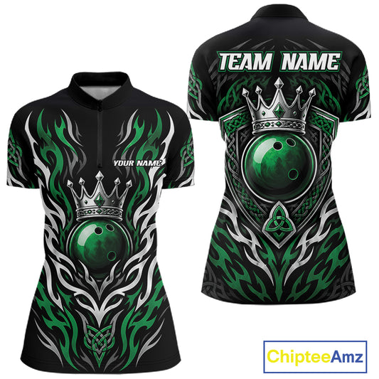 Custom Green Irish Tribal Pattern Bowling Ball With Crown Women Quarter-Zip Shirt IPHW11692
