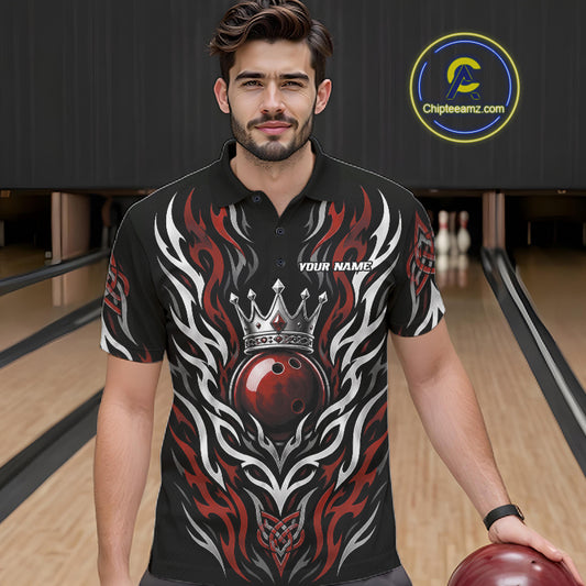 Custom Black And Red Irish Tribal Pattern Bowling Ball With Crown Men Polo Shirt IPHW11693