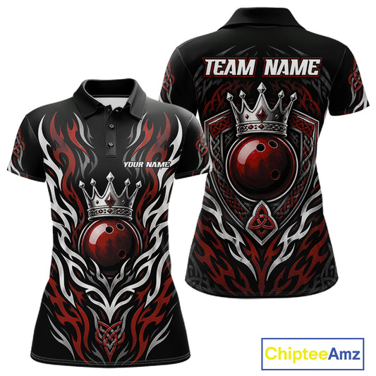 Custom Black And Red Irish Tribal Pattern Bowling Ball With Crown Women Polo Shirt IPHW11693