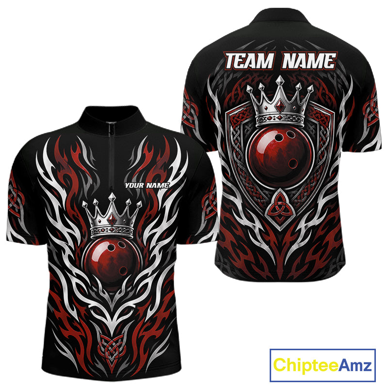 Custom Black And Red Irish Tribal Pattern Bowling Ball With Crown Men Quarter Zip Shirt IPHW11693