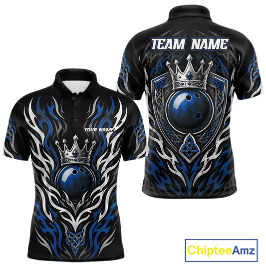 Custom Black And Blue Irish Tribal Pattern Bowling Ball With Crown Men Polo Shirt IPHW11694
