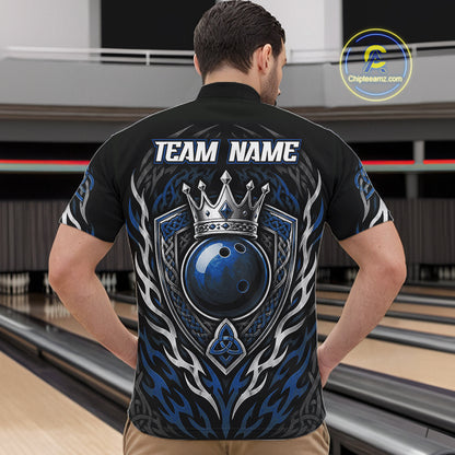 Custom Black And Blue Irish Tribal Pattern Bowling Ball With Crown Men Quarter Zip Shirt IPHW11694