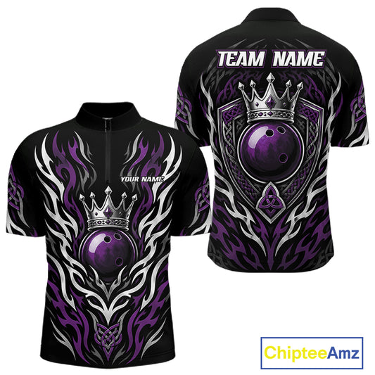 Custom Black And Purple Irish Tribal Pattern Bowling Ball With Crown Men Quarter Zip Shirt IPHW11695