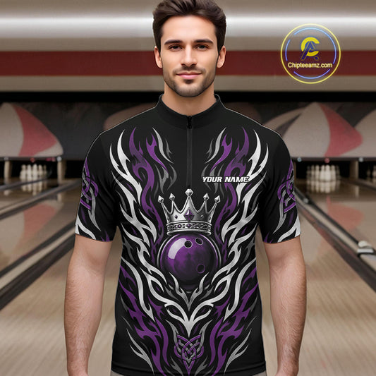 Custom Black And Purple Irish Tribal Pattern Bowling Ball With Crown Men Quarter Zip Shirt IPHW11695