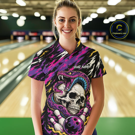 Custom Colorful Purple Snake And Skull Bowling Women Polo Shirt, Halloween Bowling Outfit IPHW11710