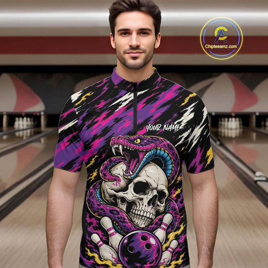 Custom Colorful Purple Snake And Skull Bowling Men Quarter Zip Shirt, Halloween Bowling Outfit IPHW11710