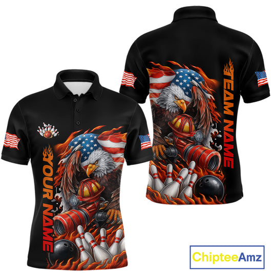 Custom Patriotic Flame Eagle Men Bowling Team Shirt, Firefighter Bowling Shirt IPHW10202