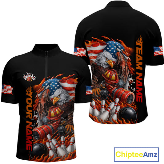 Custom Patriotic Flame Eagle Men Bowling Team Shirt, Firefighter Bowling Shirt IPHW10202