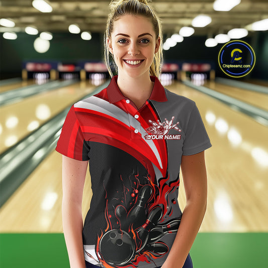 Custom Black, Red And Gray Flame Bowling Polo Shirts For Women, Bowling Team League Shirt IPHW9273